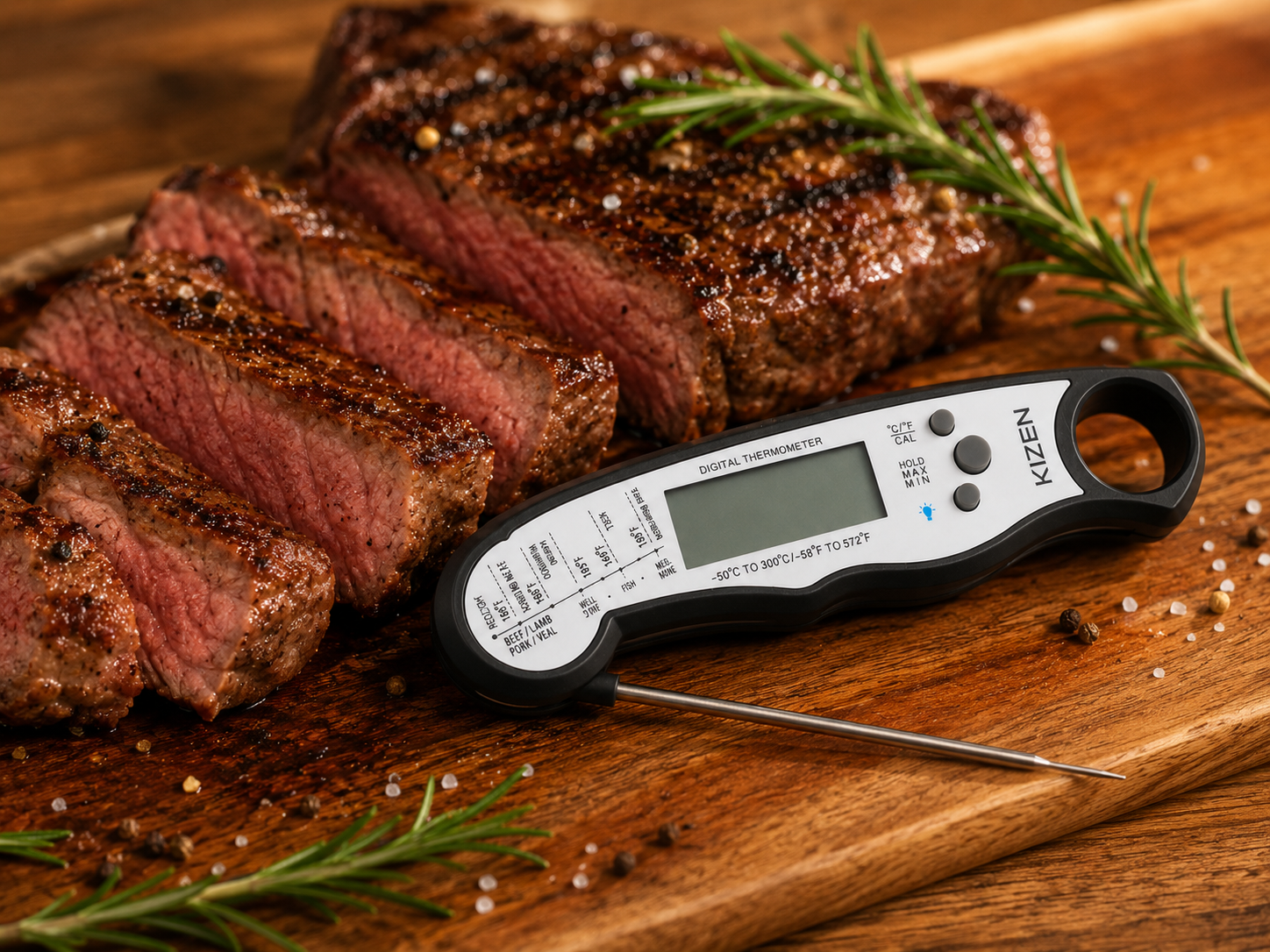 KIZEN digital meat thermometer beside cooked steak