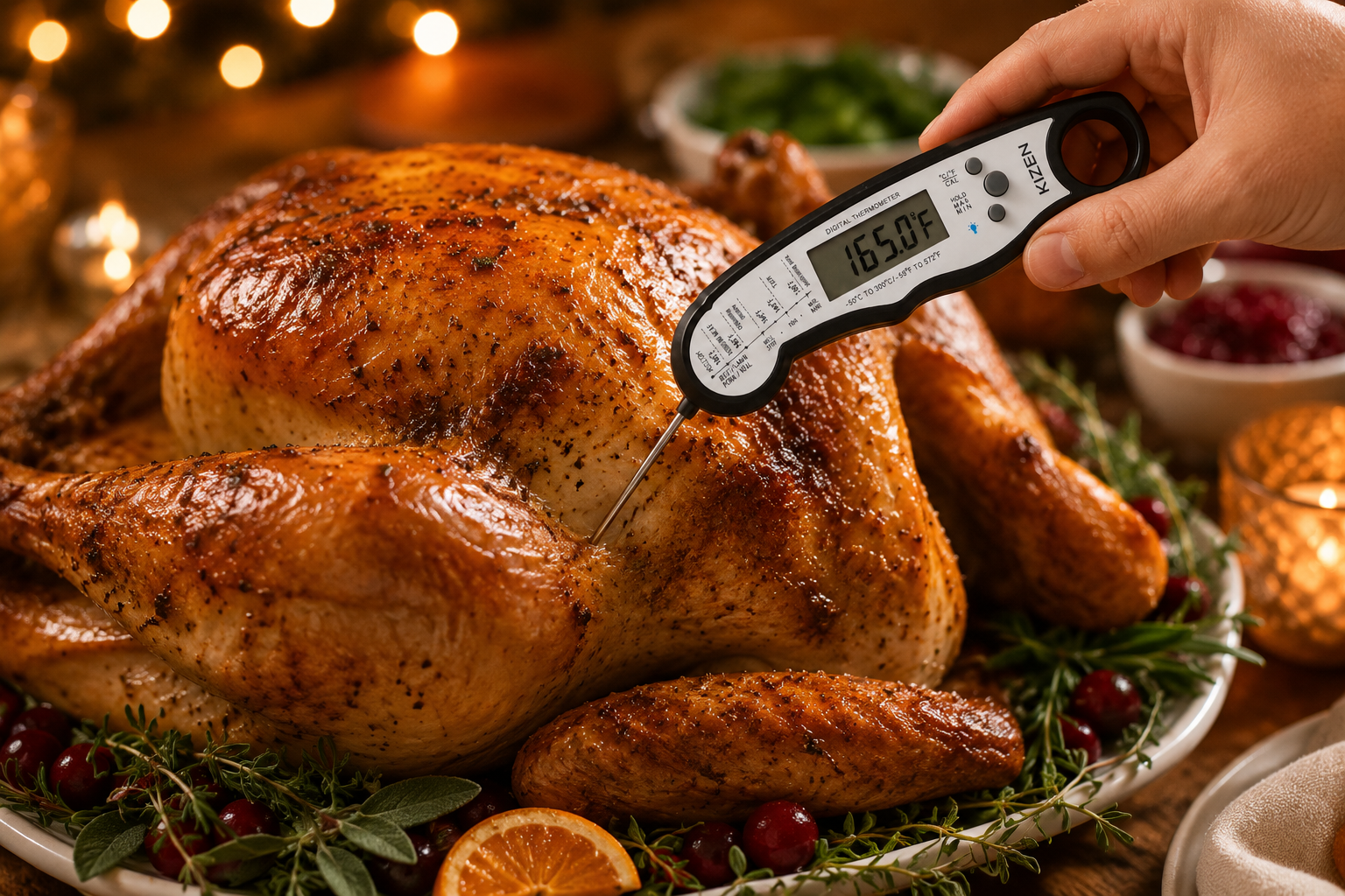 KIZEN digital meat thermometer inserted into roasted turkey