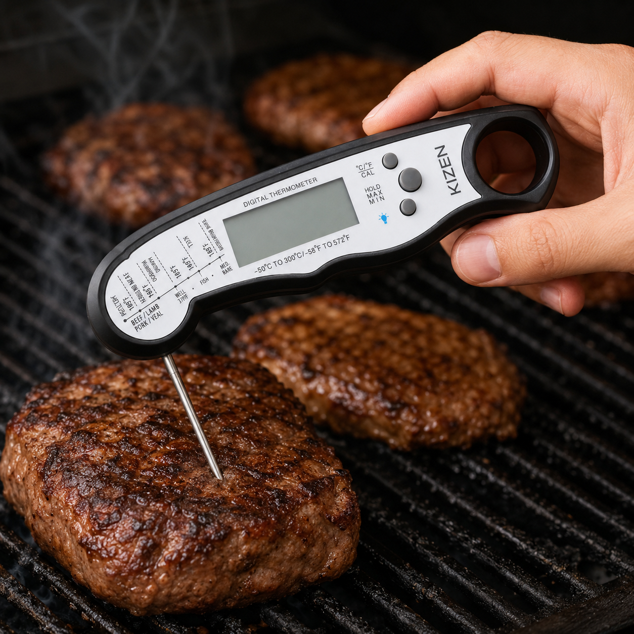 KIZEN digital meat thermometer checking steak on a grill