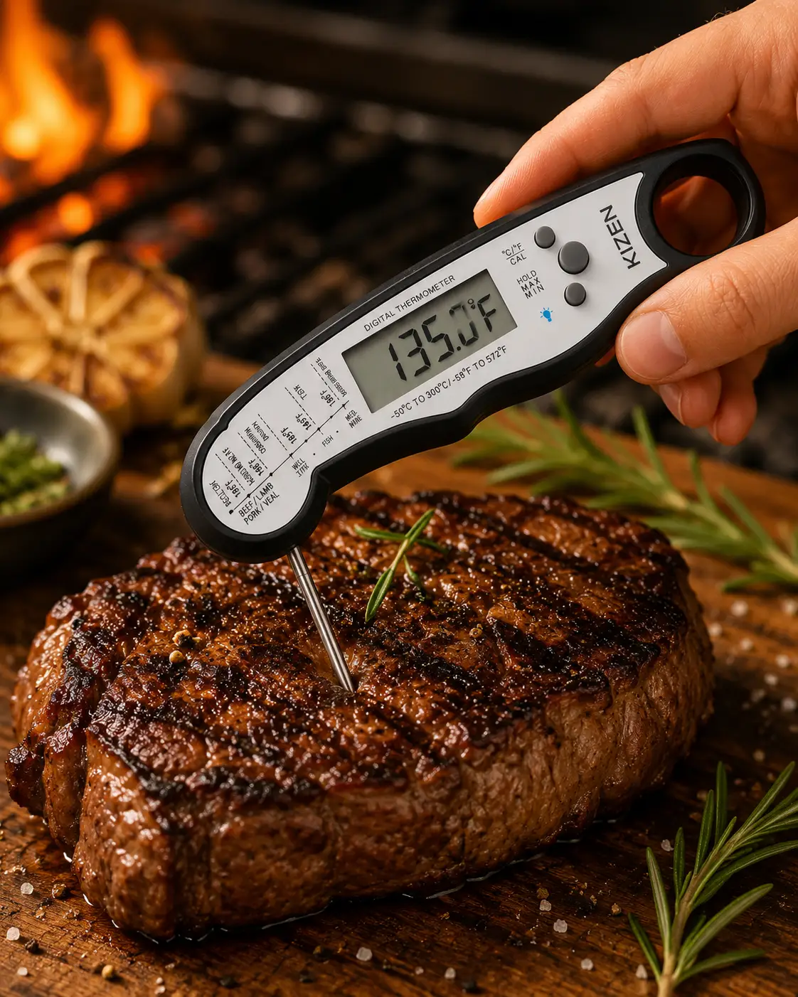 KIZEN digital meat thermometer beside cooked steak
