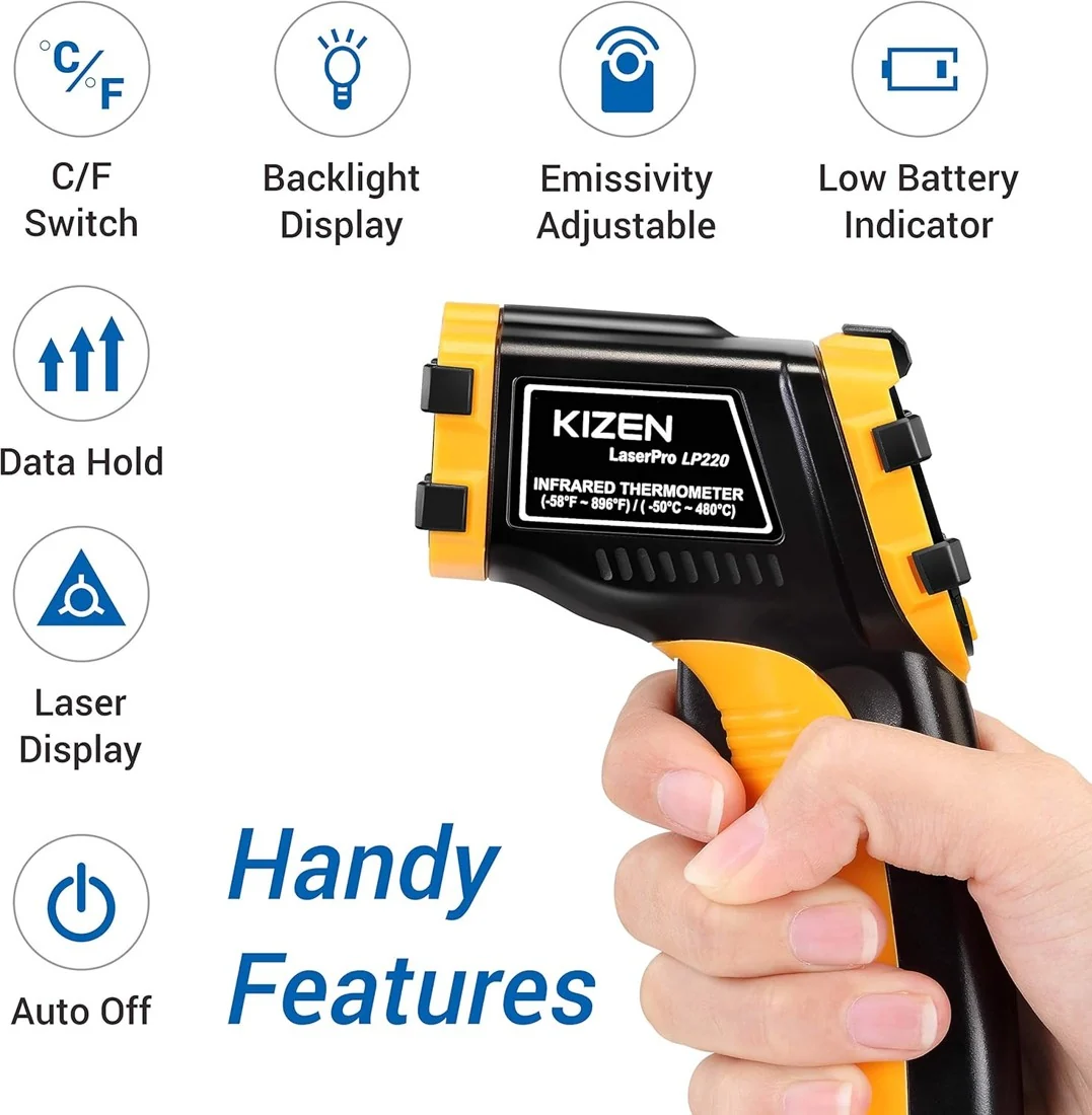 LP300 control icons with a hand holding the thermometer