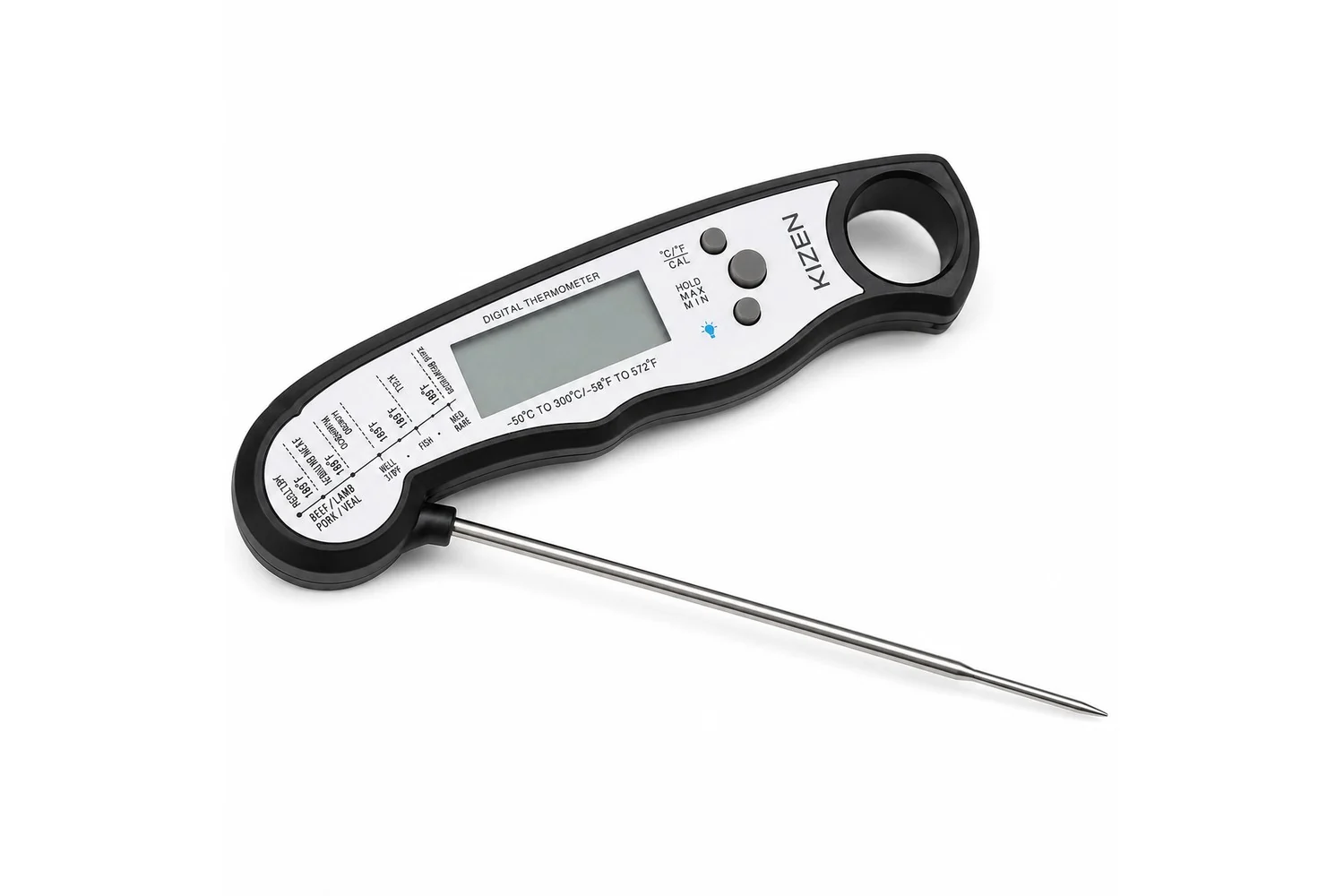 KIZEN instant read digital meat thermometer with the probe unfolded